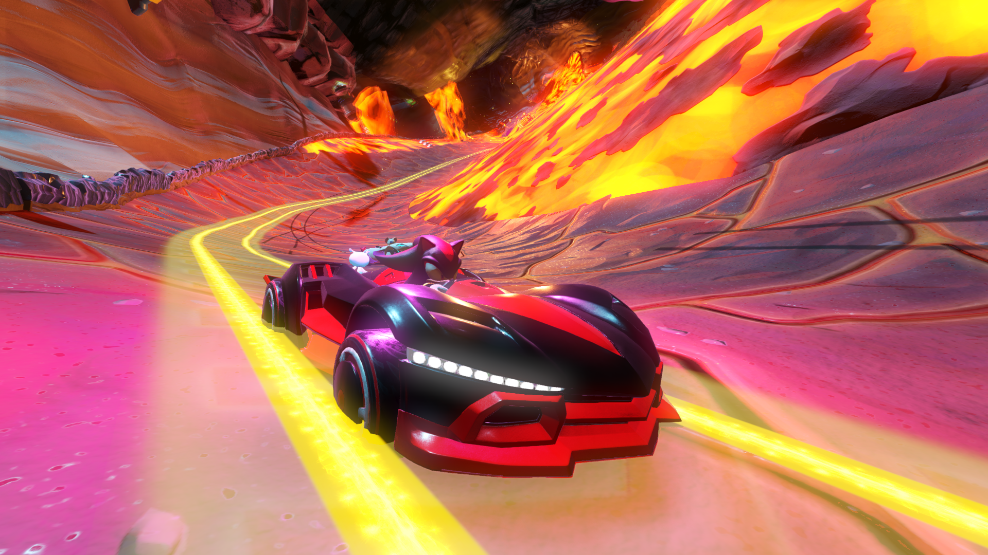 Ein Auto fährt auf einer Strecke mit Lava und Feuer, eine cartoonartige Szene.