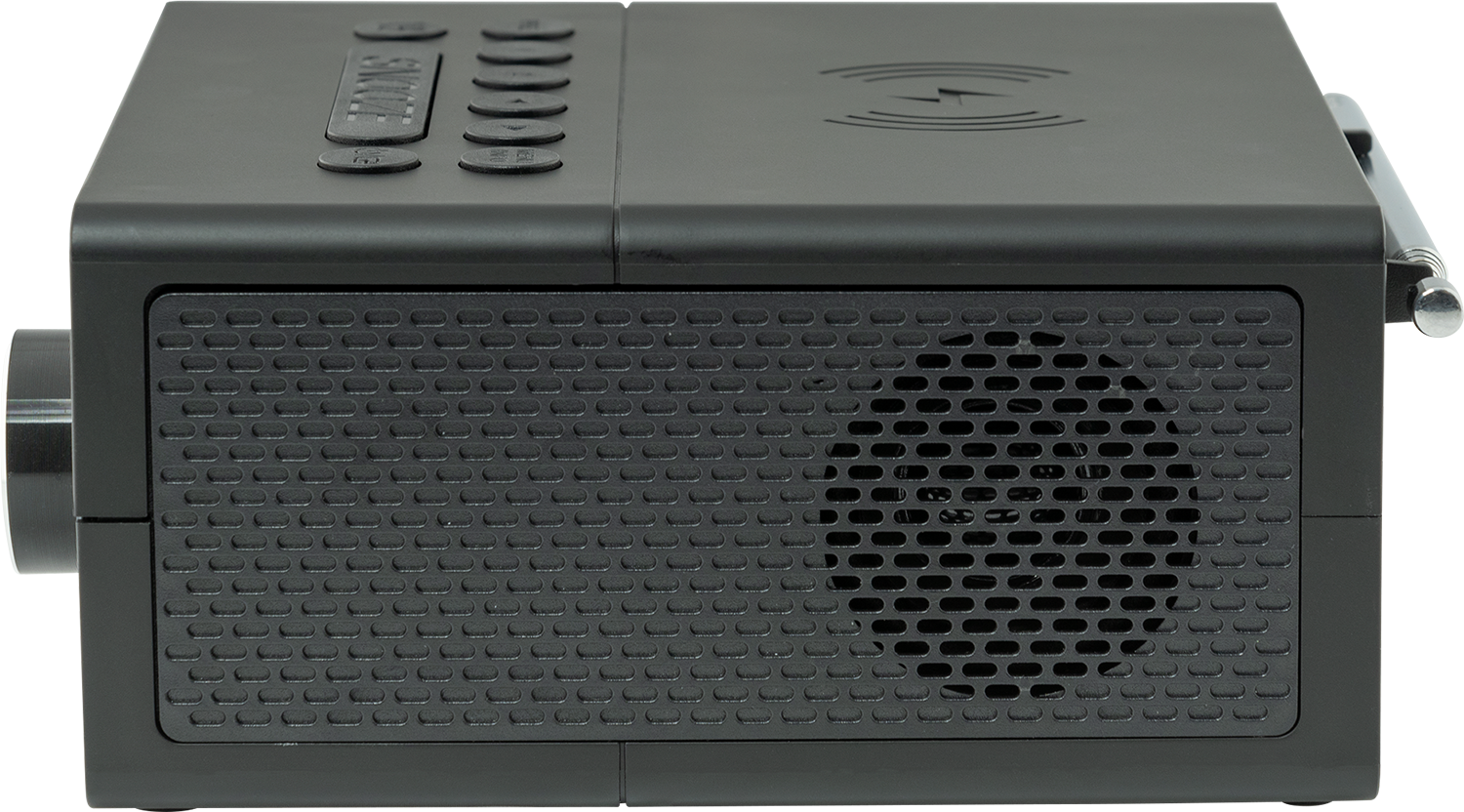 A black digital clock radio. It has buttons on top and a speaker in front.