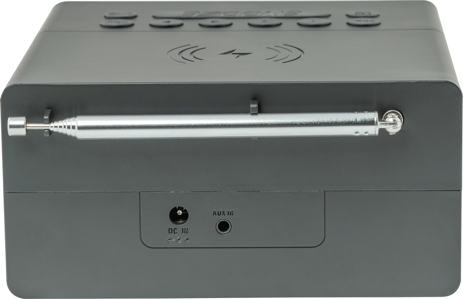 A dark gray alarm clock with antenna and ports, with the word SNOOZE on top.