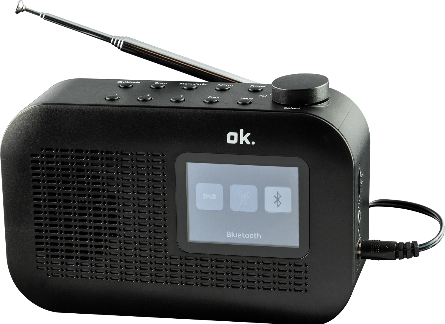 A black ok. radio with a screen and antenna. Bluetooth icon.