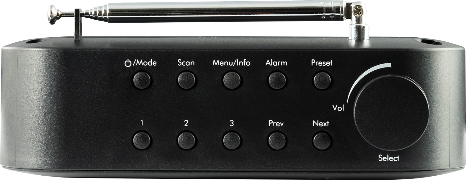 Black radio with buttons and antenna, silver dial. Buttons: Mode, Scan, Menu, Alarm, Preset, Vol, 1, 2, 3, Prev, Next, Select.