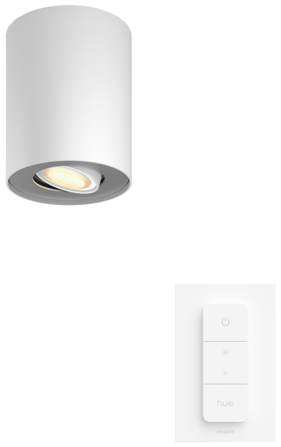 Plafonnier Philips Hue blanc et une télécommande. La lampe est allumée.