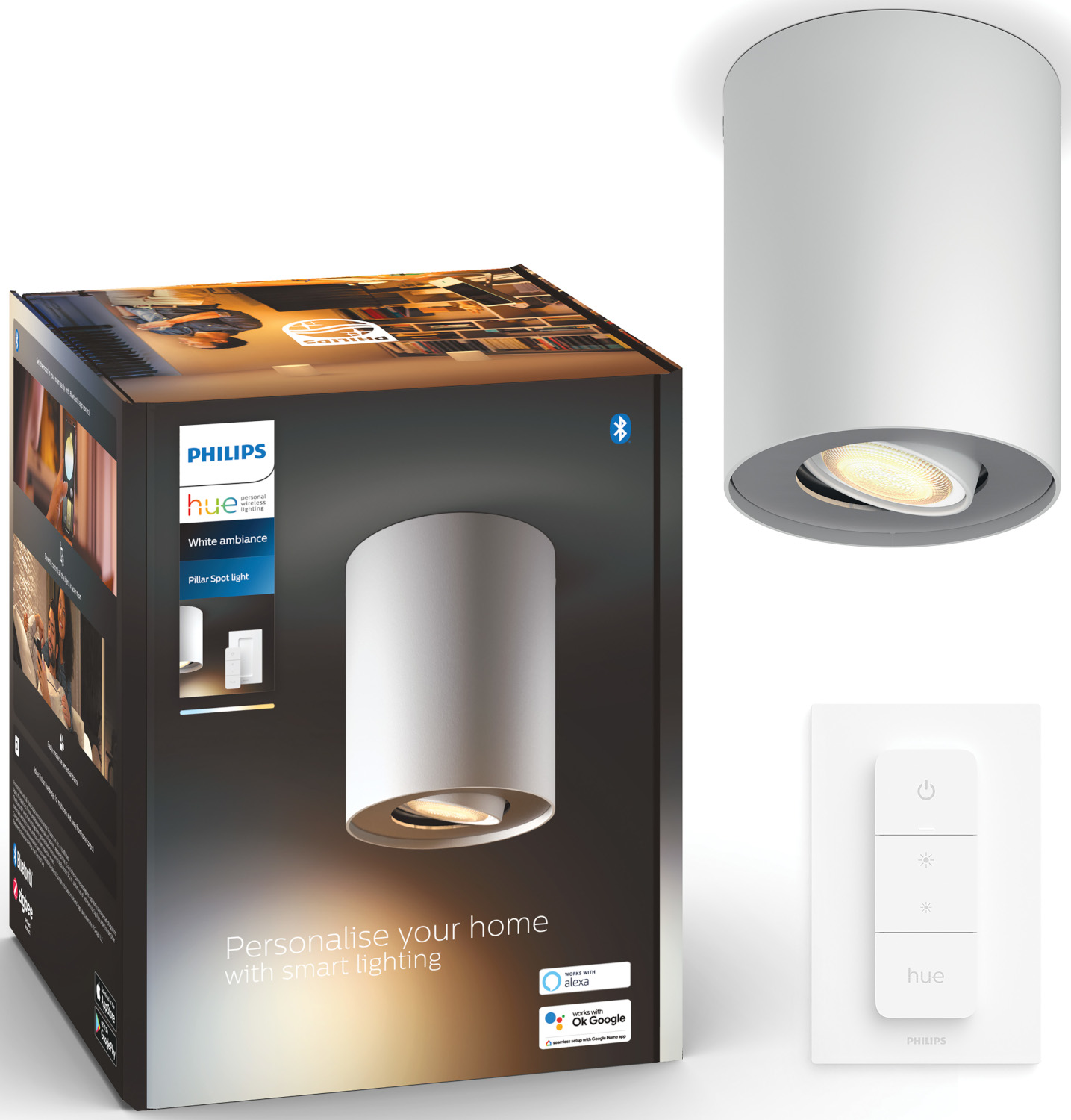Boîte, lumière et télécommande pour un système d'éclairage intelligent Philips Hue.