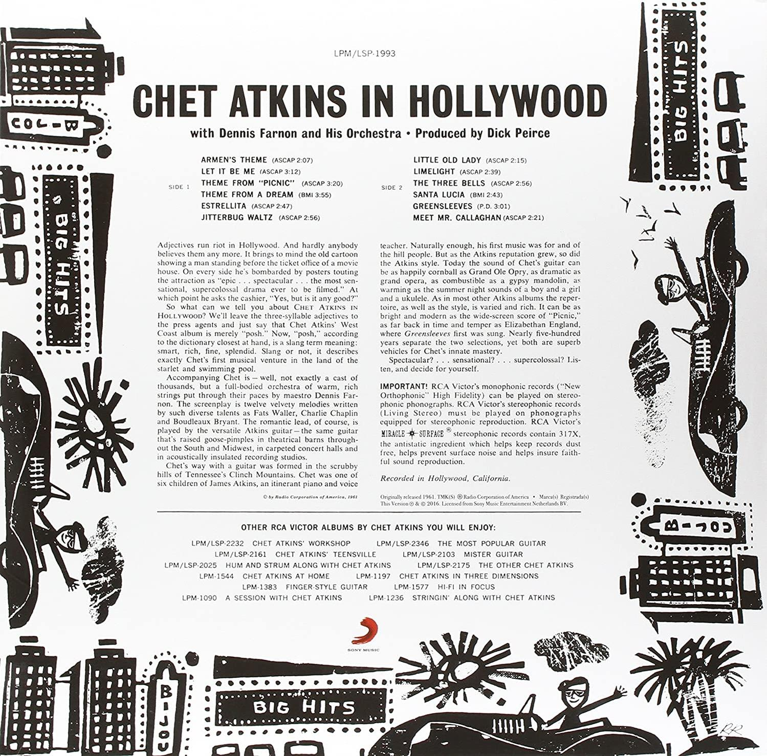 Album borító, Chet Atkins Hollywoodban. Szöveg és design elemek. Fekete-fehér háttér.