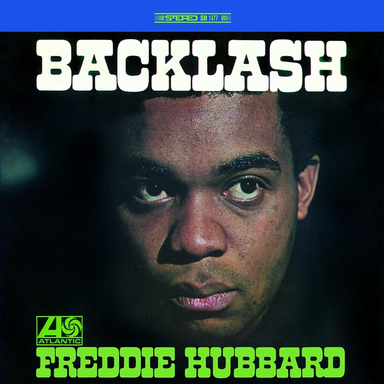 A Backlash album borítója Freddie Hubbard-tól. Közelkép az arcáról.