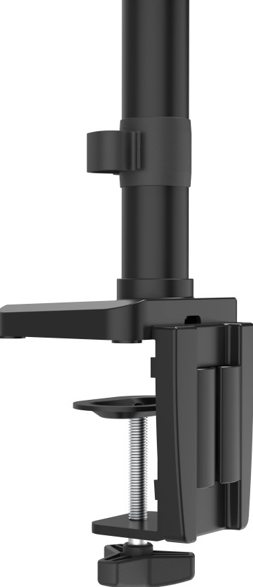 Support de moniteur noir avec vis et pince pour fixation au bureau.