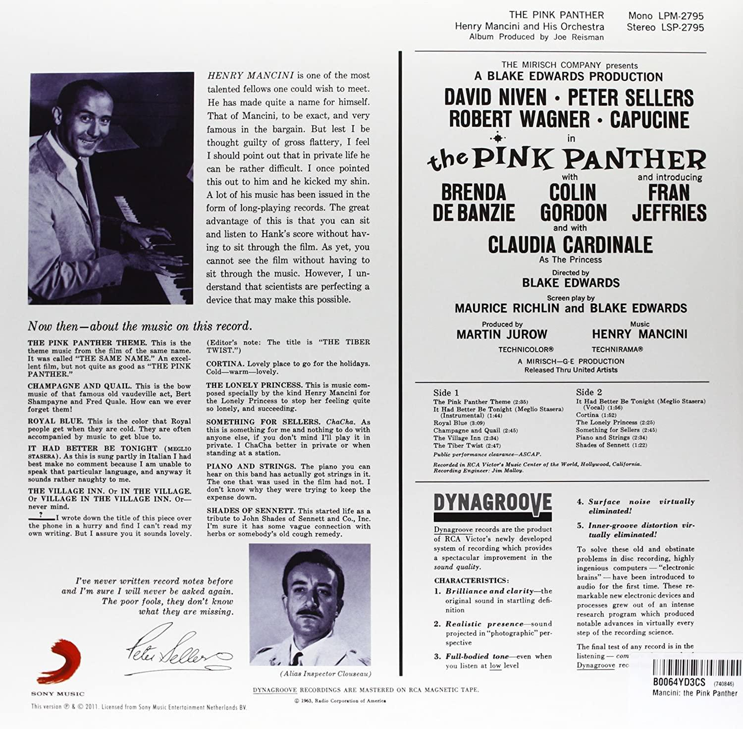 A Pink Panther album borítója. Szöveg és képek a szereplőkről és a stábról fehér háttéren.