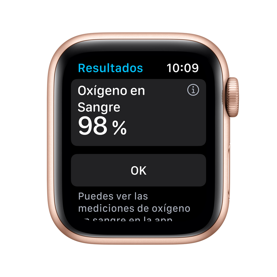 Un Apple Watch de oro rosa que muestra un nivel de oxígeno en sangre del 98%.