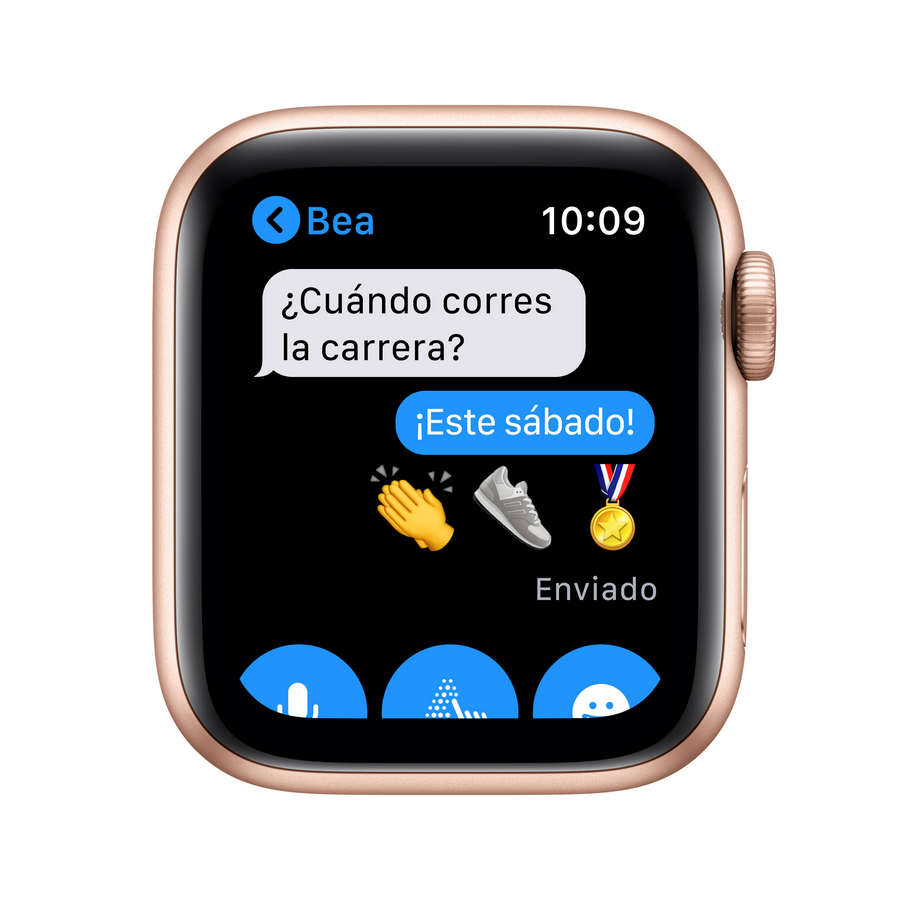 Pantalla de Apple Watch con mensaje: '¿Cuándo corres la carrera?' y emojis.