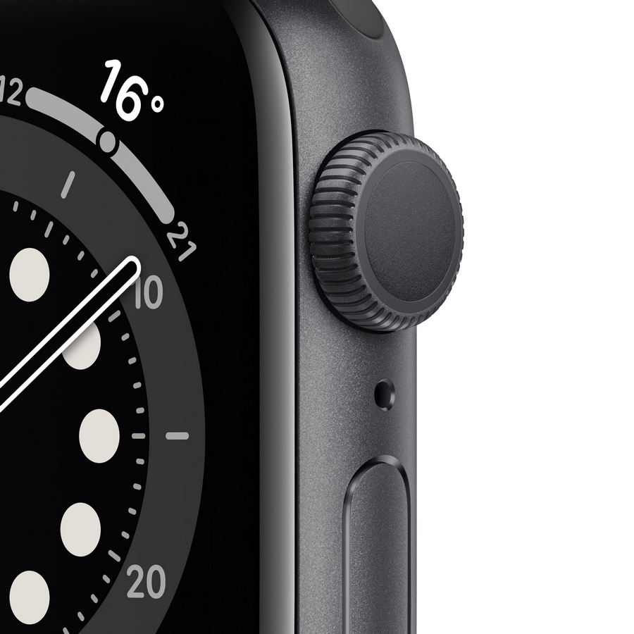 Primer plano de un Apple Watch negro con esfera y botón.