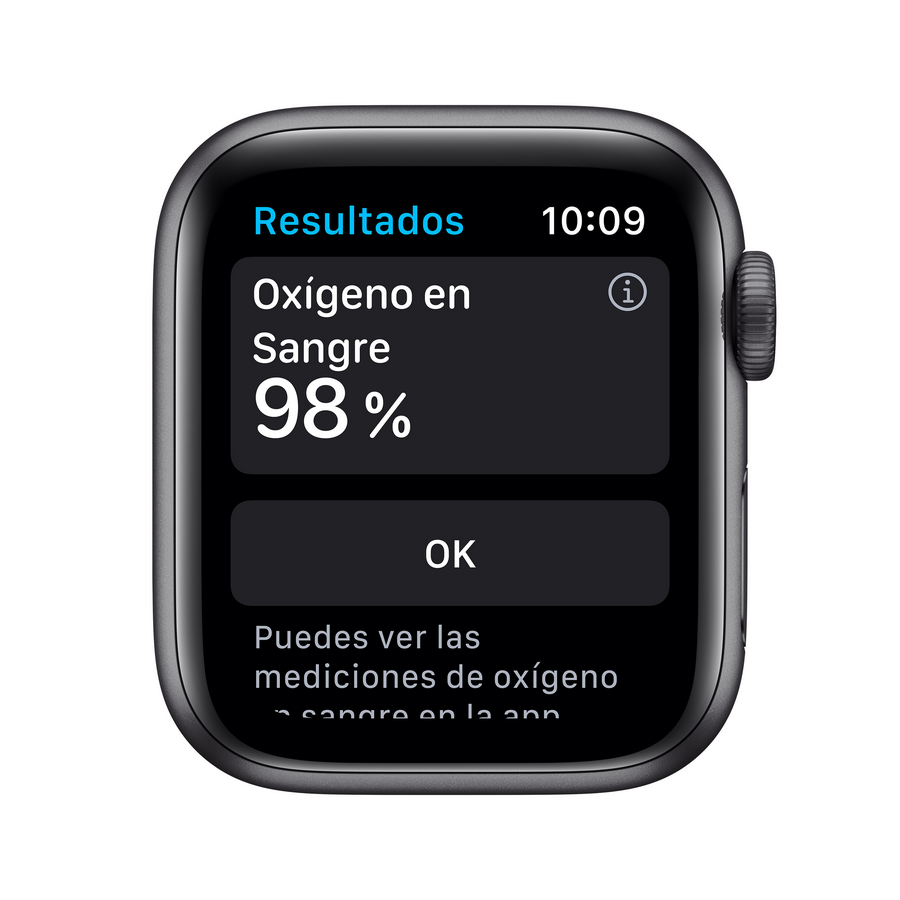 Pantalla del Apple Watch que muestra oxígeno en sangre al 98% con un botón OK.