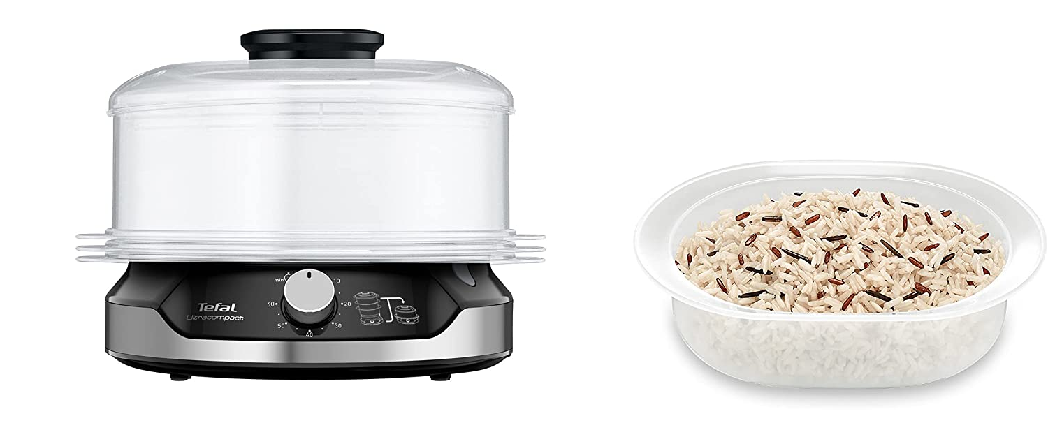 Egy Tefal rizsfőző és egy tál vegyes rizsszemek láthatók.