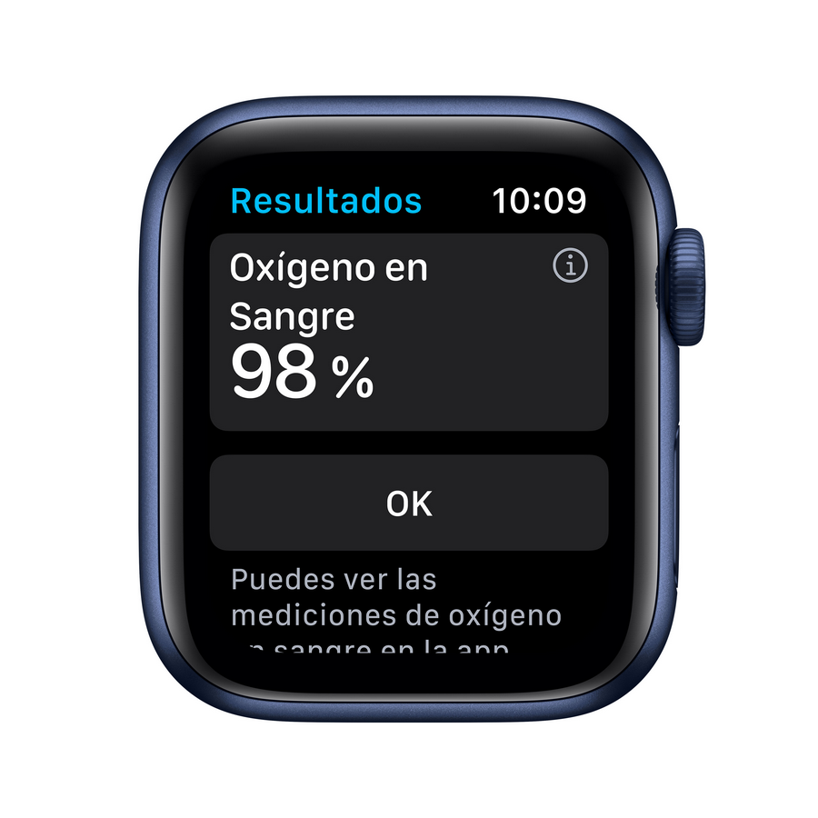 Un smartwatch muestra el oxígeno en sangre al 98%. La interfaz tiene una banda azul.