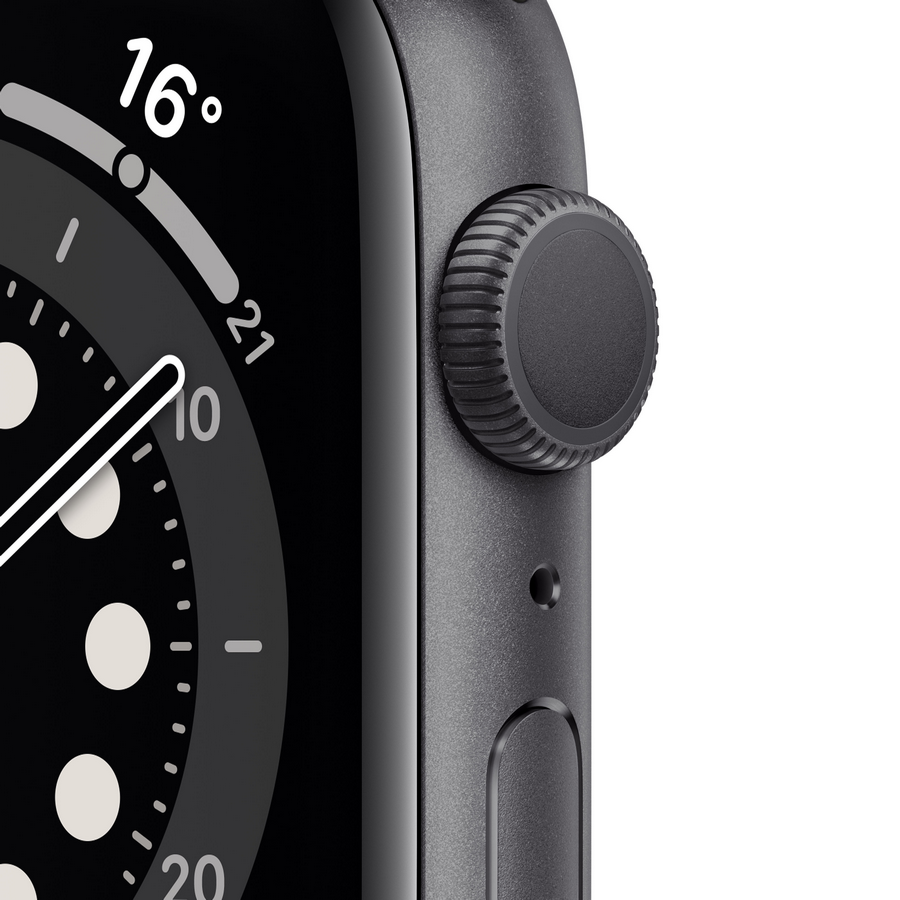 Un primer plano de un Apple Watch, con una esfera oscura y un botón lateral.