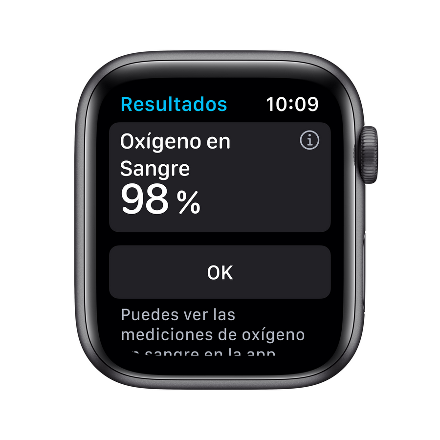 Apple Watch muestra el nivel de oxígeno en sangre como 98%. La pantalla es negra con texto blanco.