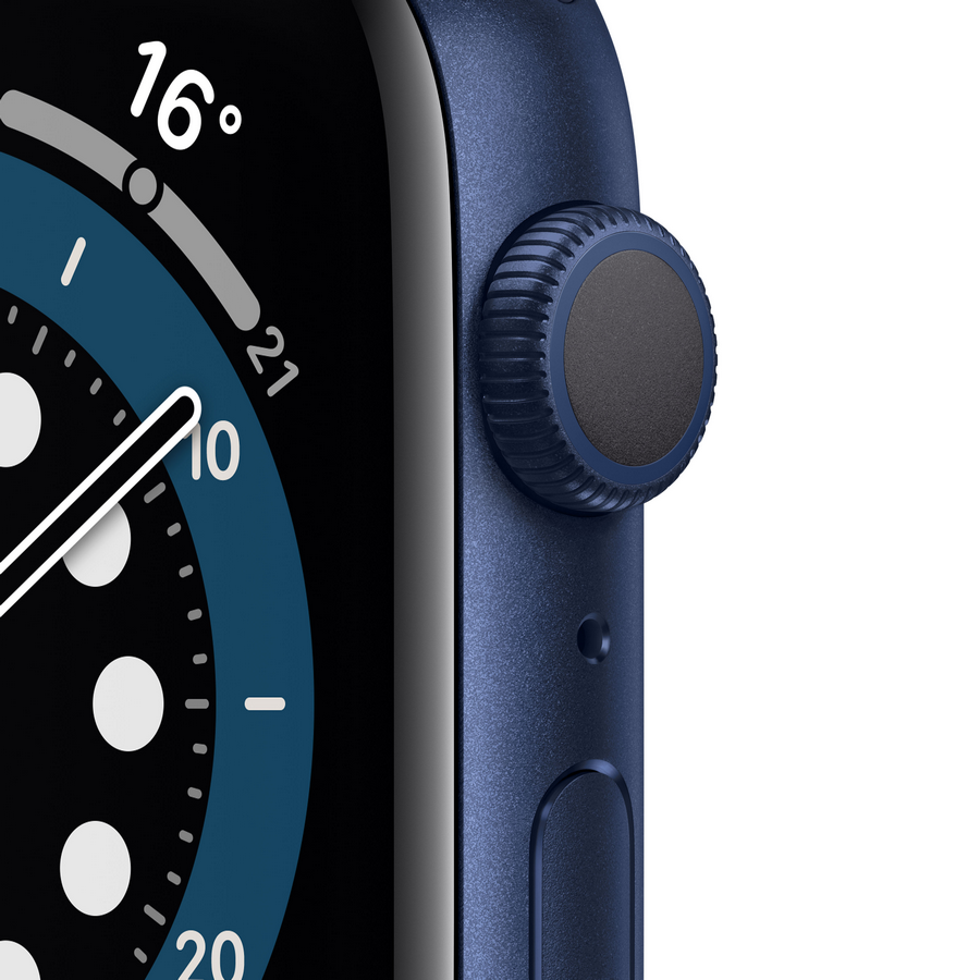 Primer plano de un reloj inteligente azul con una esfera que muestra la hora 16°.