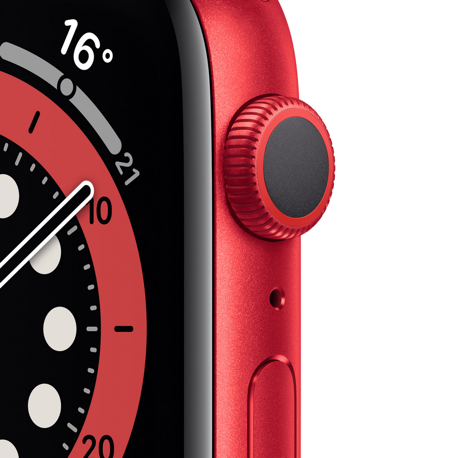Apple Watch roja con esfera roja, mostrando la hora.