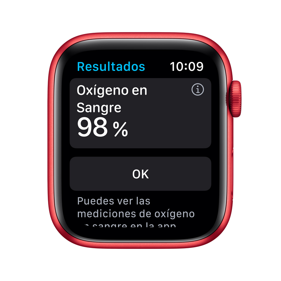 Un Apple Watch rojo muestra el oxígeno en sangre al 98% y la hora 10:09.