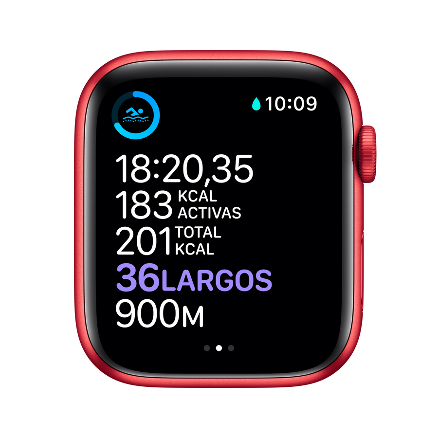 Pantalla de Apple Watch. Muestra datos de entrenamiento: tiempo, calorías, calorías activas, calorías totales y 36 vueltas.