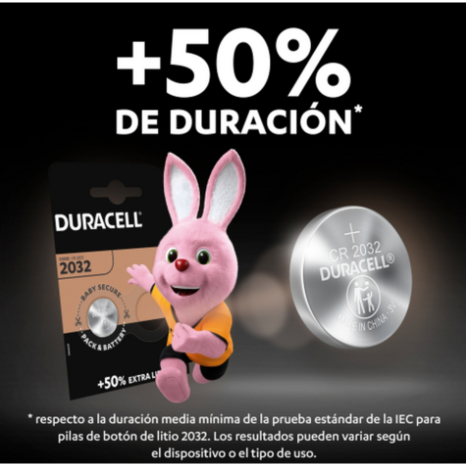 Anuncio de batería Duracell con un conejito rosa sosteniendo una batería.