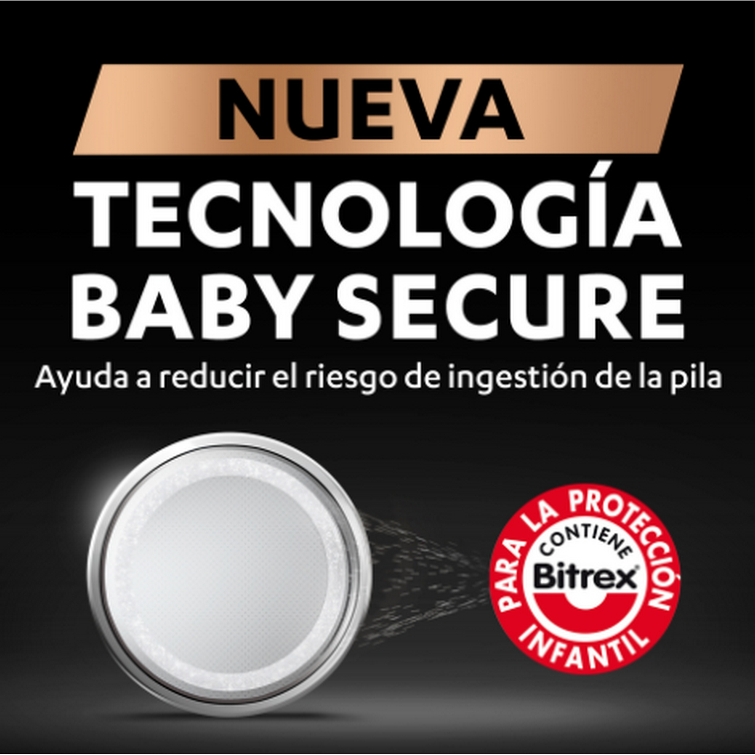 Una batería con texto Baby Secure. El texto está en español. El fondo es negro.