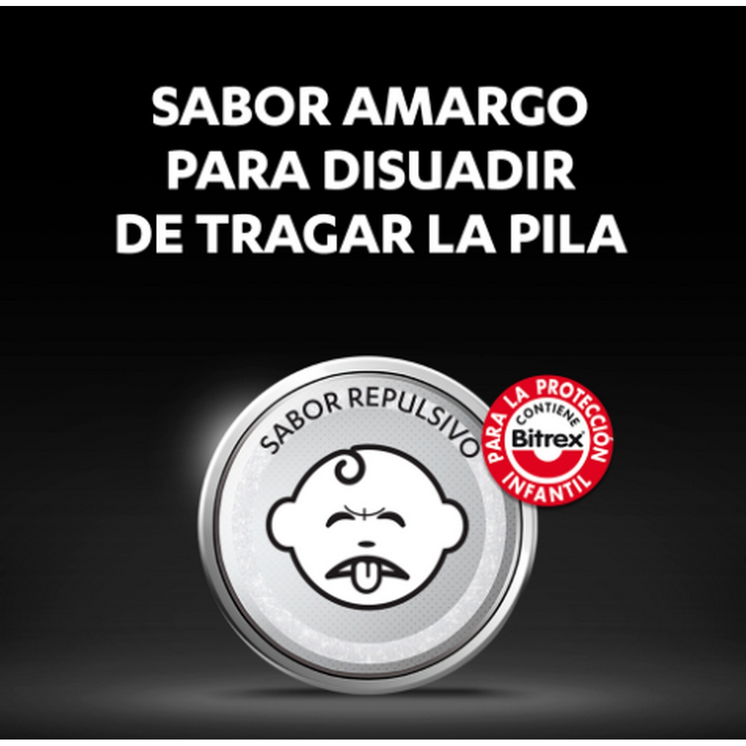 Un bebé con cara de asco cerca de una etiqueta redonda con texto.