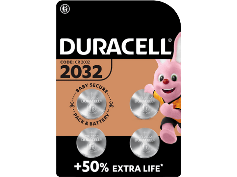 Pilas de botón – Duracell 2032, Paquete 4 unidades, 3V, DL2032 /CR2032, Plata