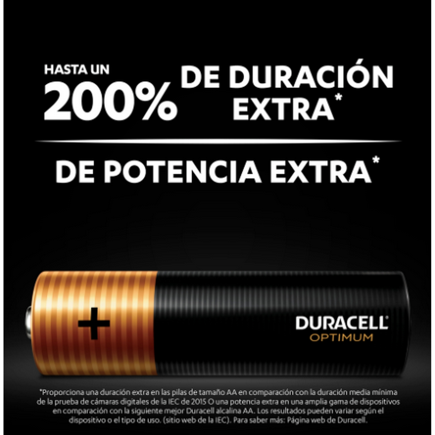 Una batería Duracell con texto que indica un 200% de duración extra y potencia extra.