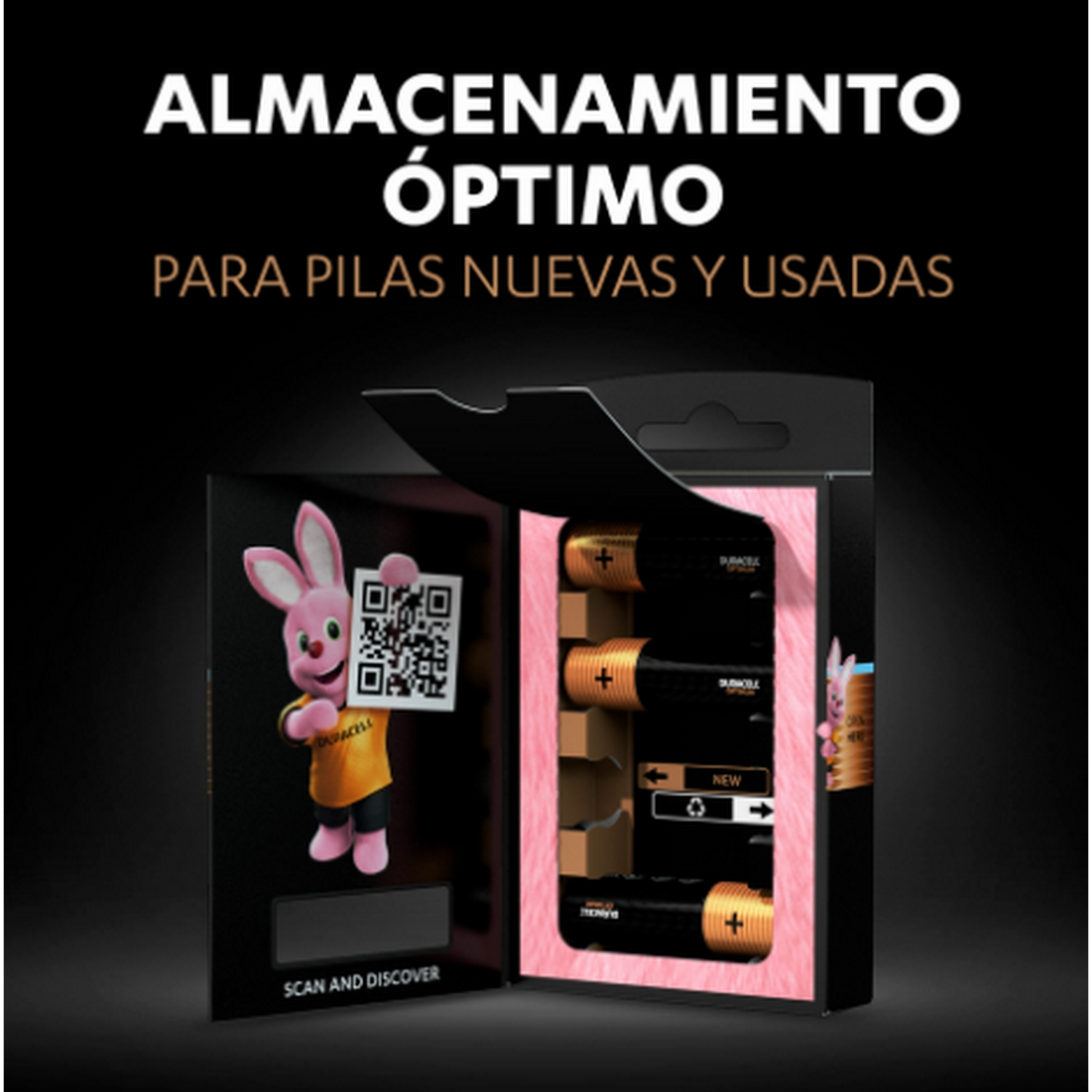 Embalaje de pilas abierto, mostrando pilas y un conejito rosa de Duracell con un código QR.