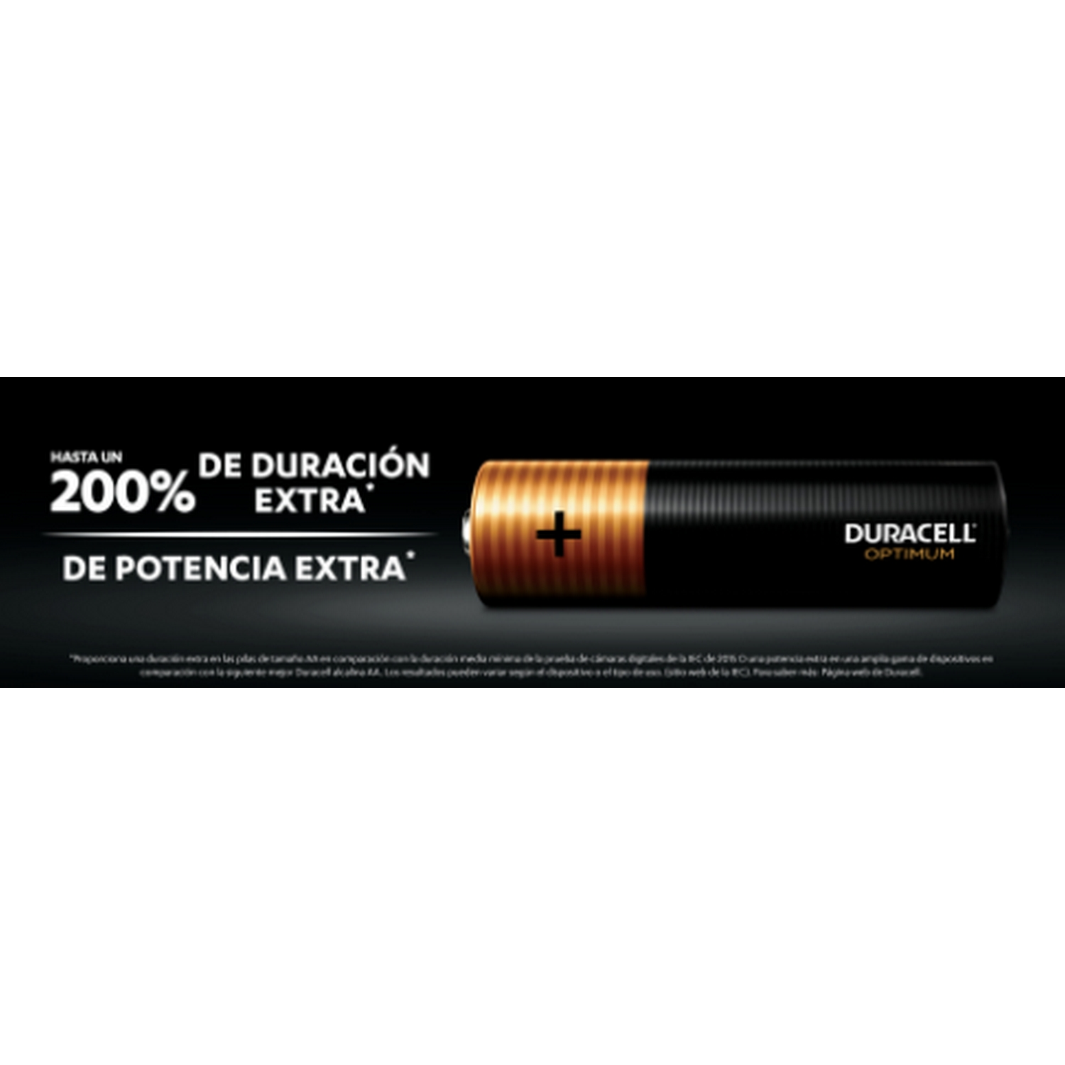 Pila Duracell Optimum. Dorada y negra, con texto: 200% más duración y potencia extra.