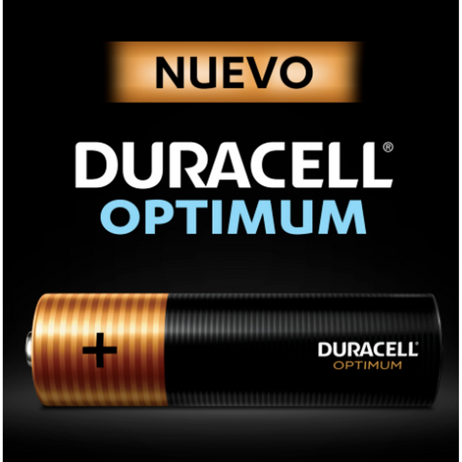 Una batería Duracell Optimum con cuerpo negro, parte superior dorada y un signo más.