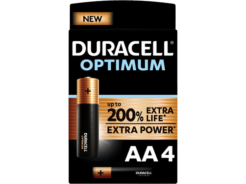 Pilas AA – Duracell Optimum, 4 Unidades, 1.5 V LR6 / MX1500, Negro