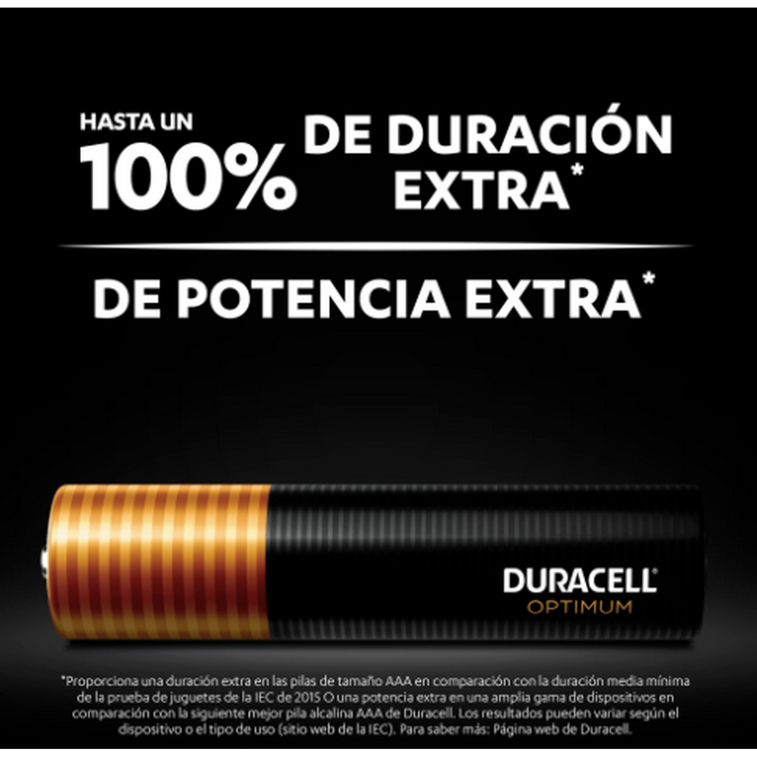 Pila AAA con etiqueta dorada y negra, texto: 100% duración extra, potencia extra. Duracell Optimum.