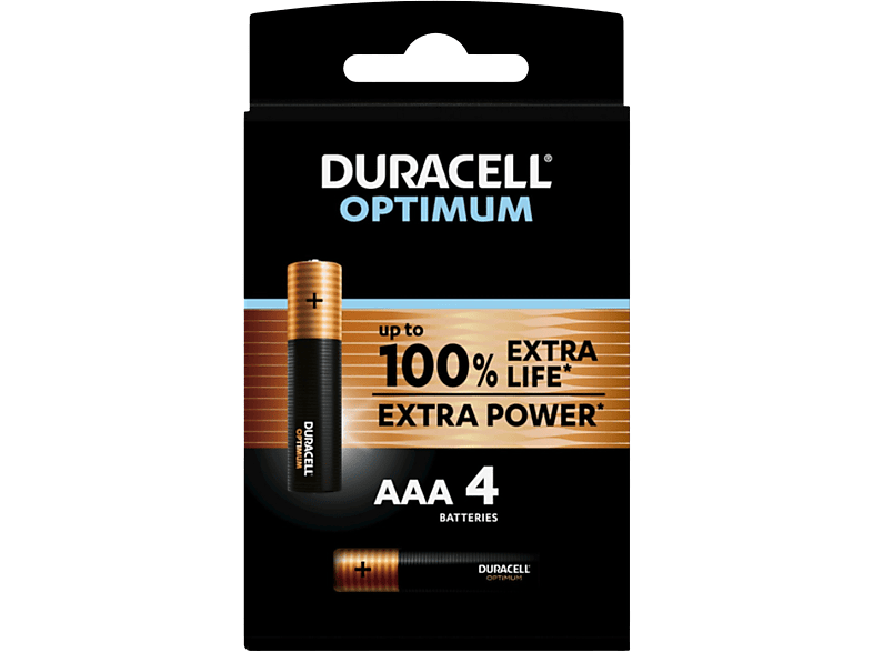 Pilas AAA – Duracell Optimum, 4 Unidades, 1.5 V LR03 / LR3 MX2400, Negro