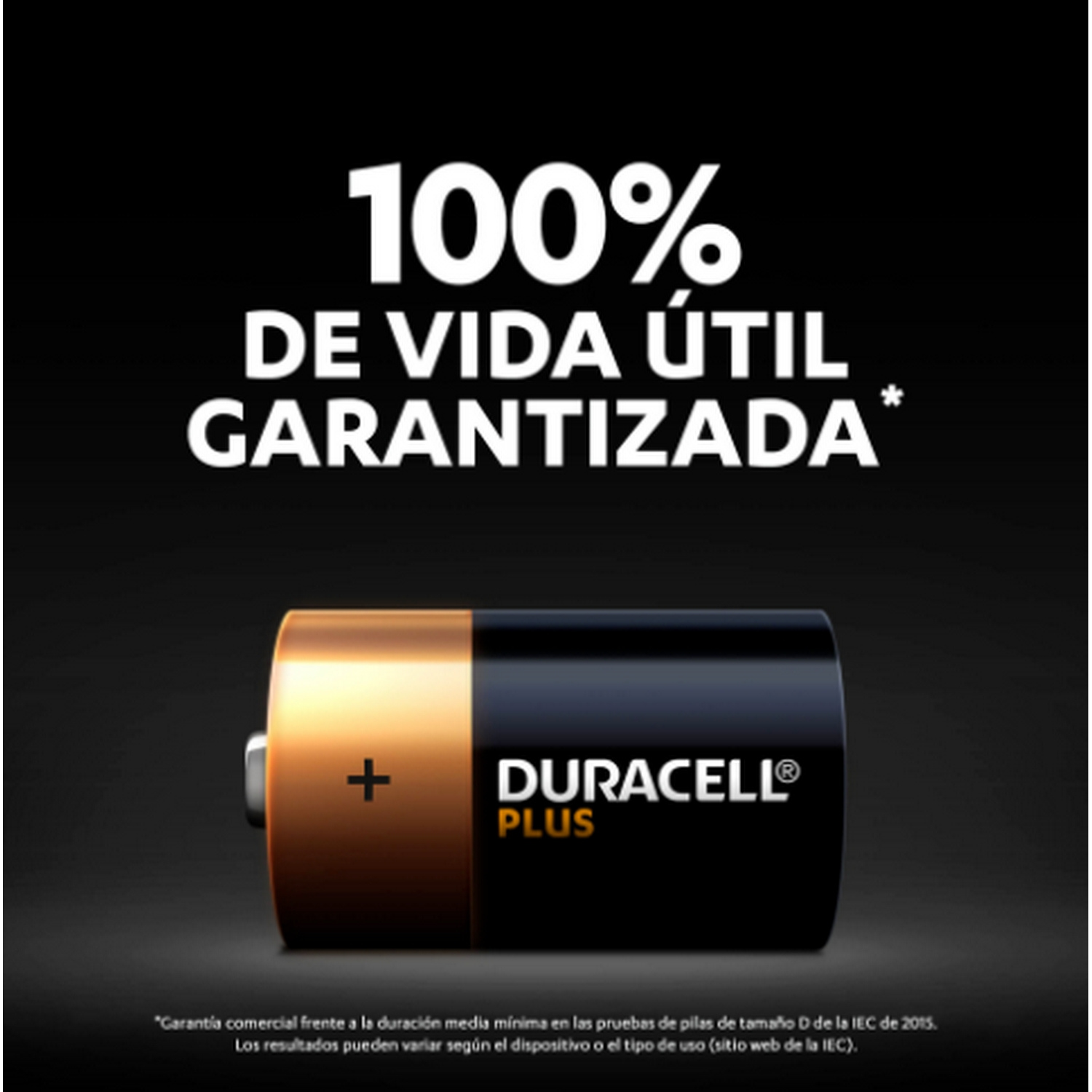 Batería Duracell Plus con fondo negro. El texto incluye el logotipo de Duracell y la garantía.