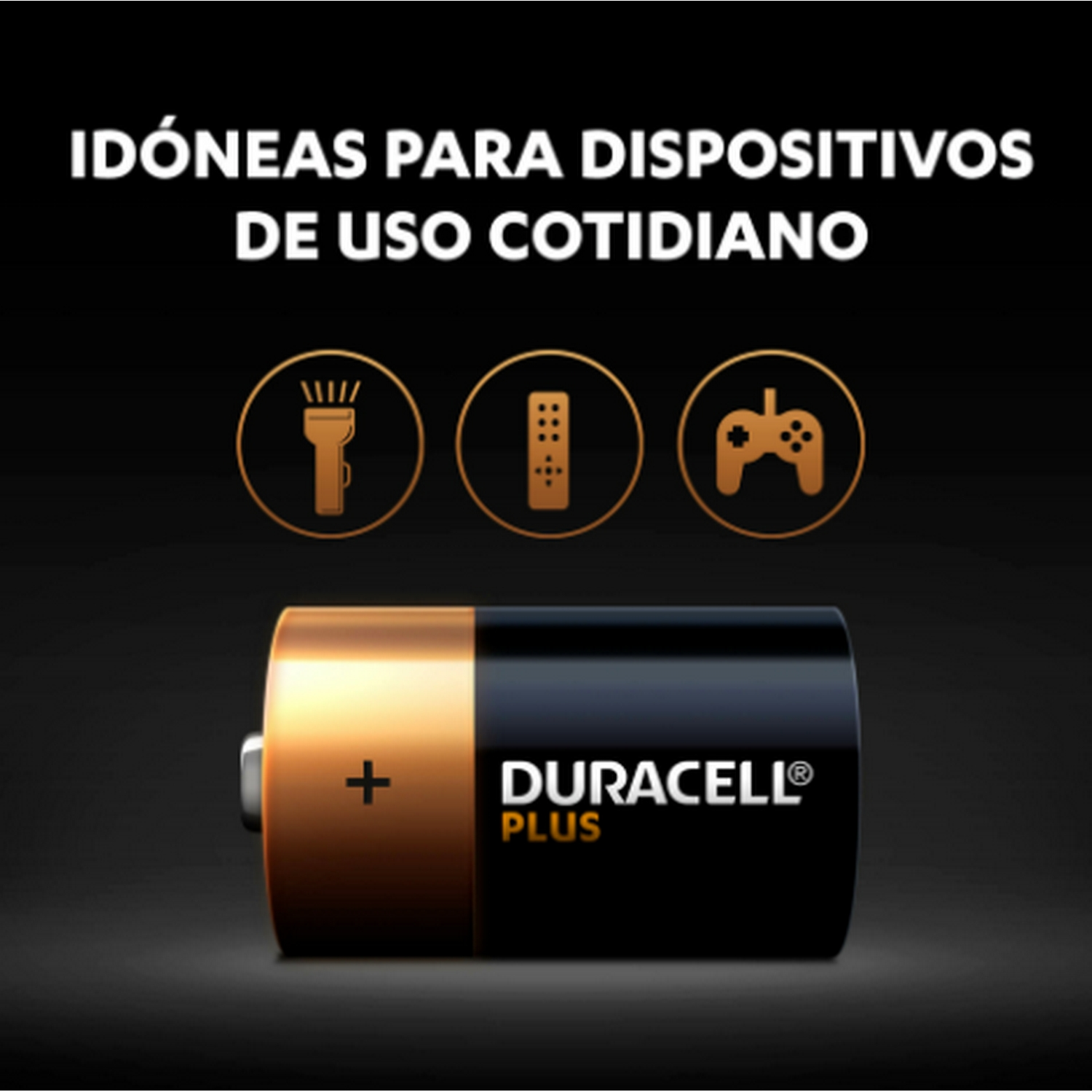 Pilas Duracell Plus con signo más, colores oro y negro.