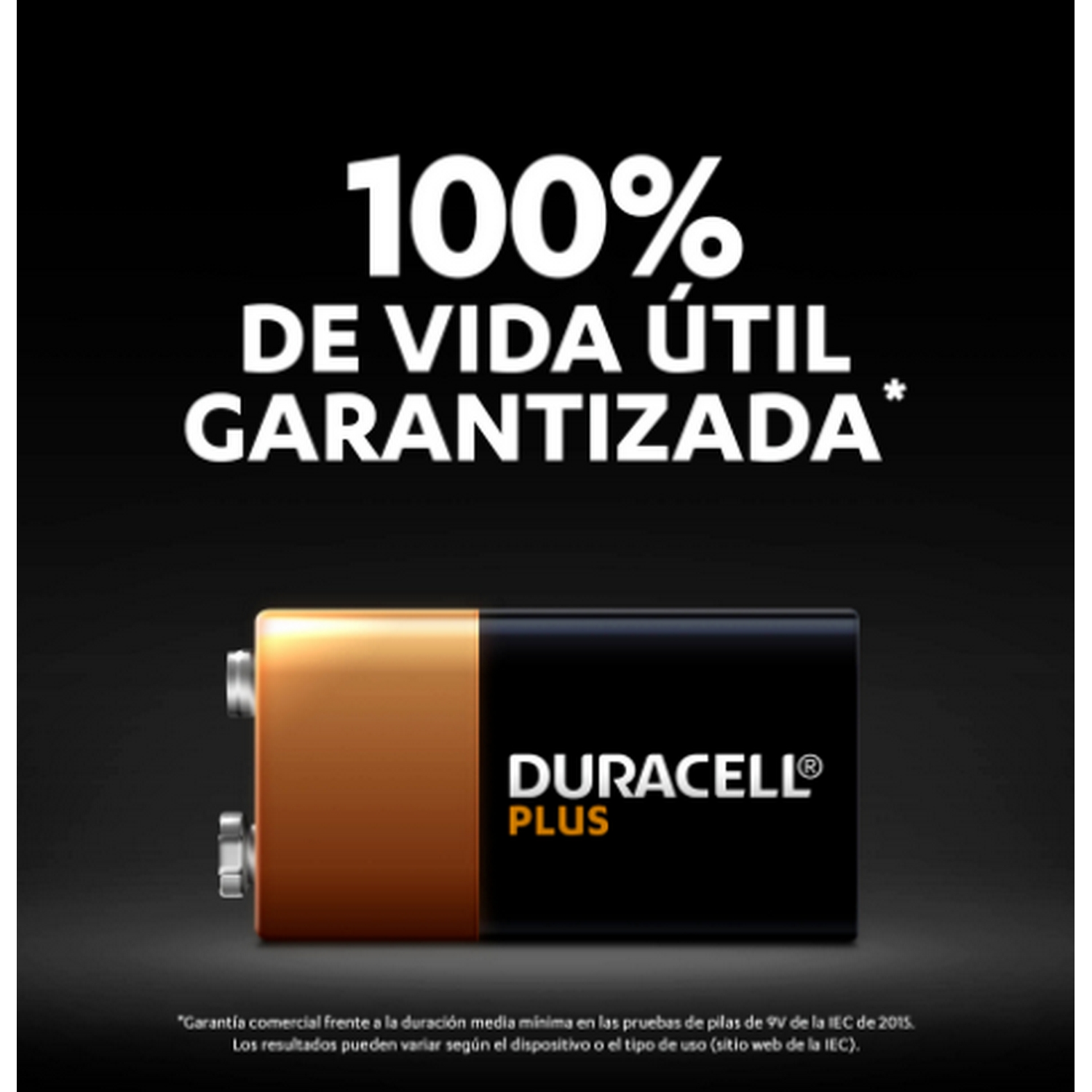 Pila Duracell con texto que indica 100% de vida útil garantizada.