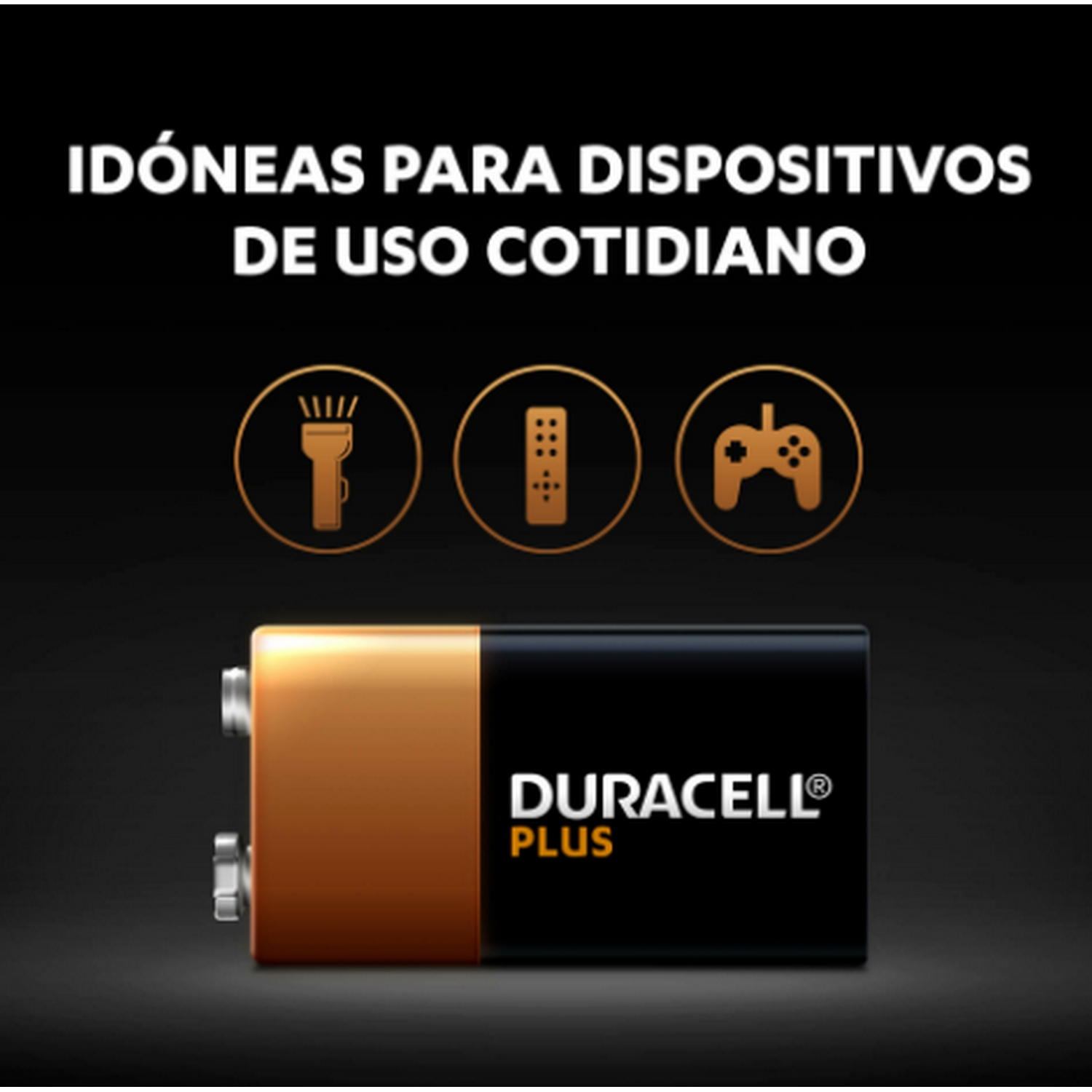 Pilas Duracell Plus con iconos de linterna, mando a distancia y mando de juegos.