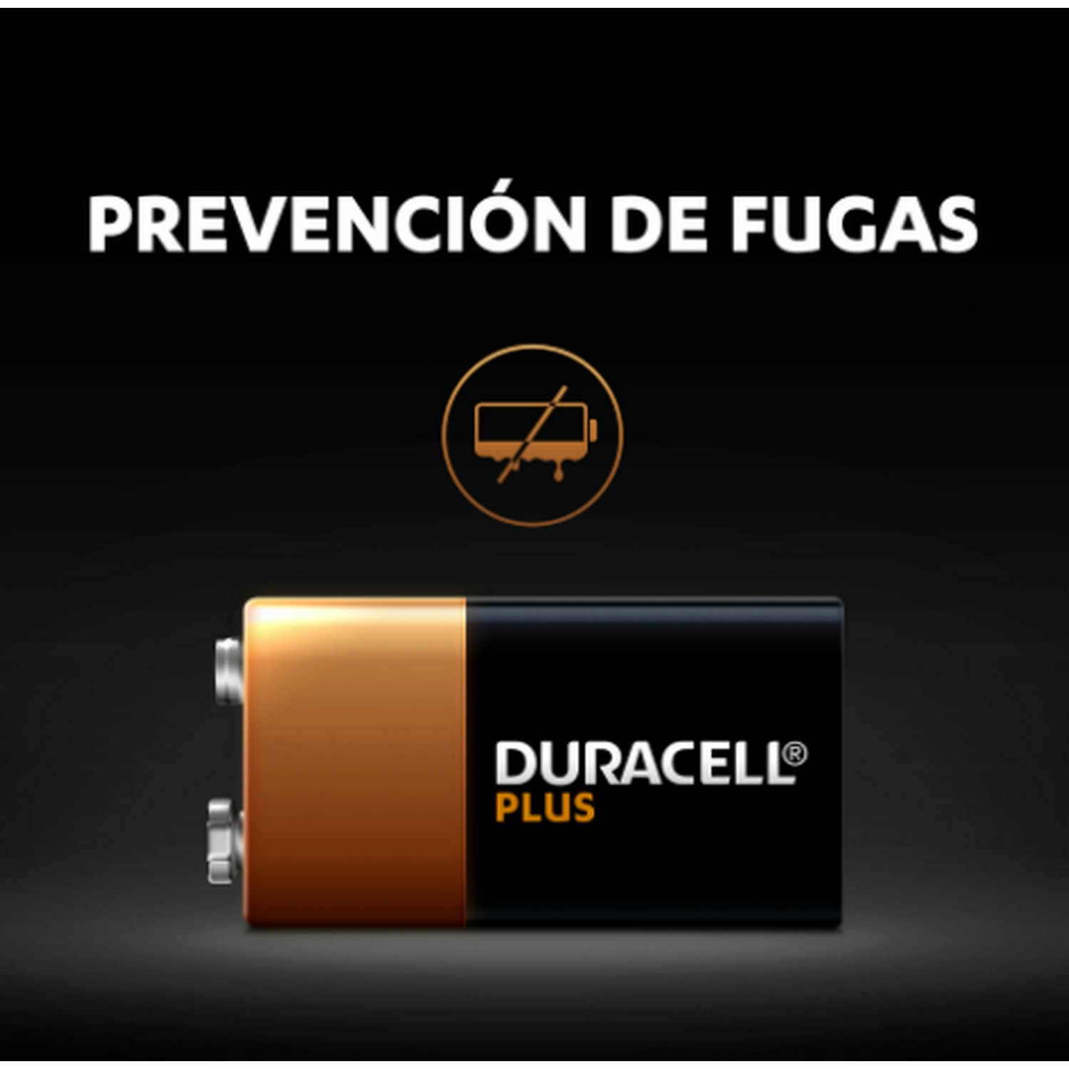 Pila Duracell Plus con un símbolo de prevención de fugas y el nombre de la marca.