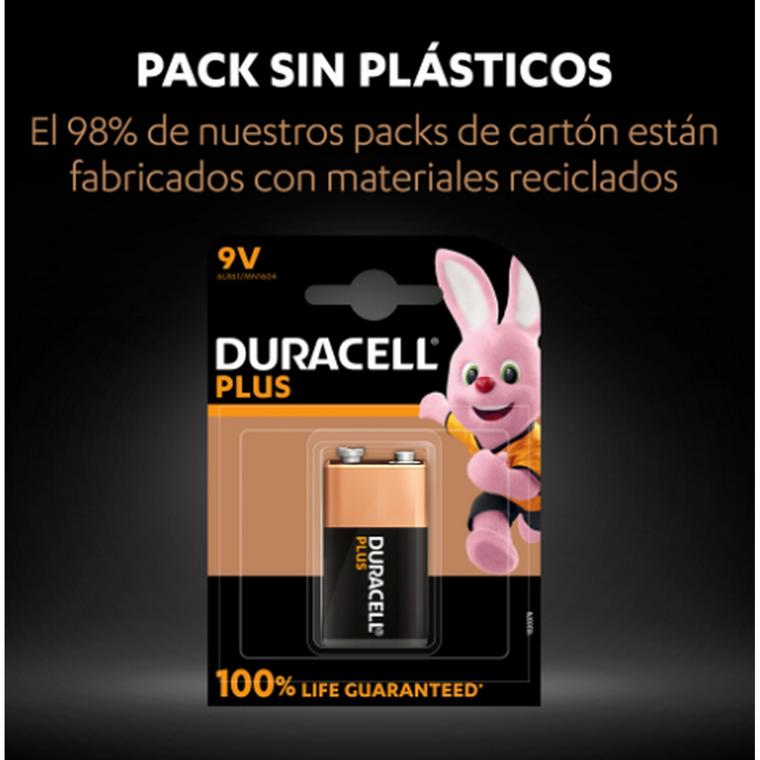 Paquete de pilas Duracell Plus con mascota de conejito rosa y texto promocional sobre reciclaje.