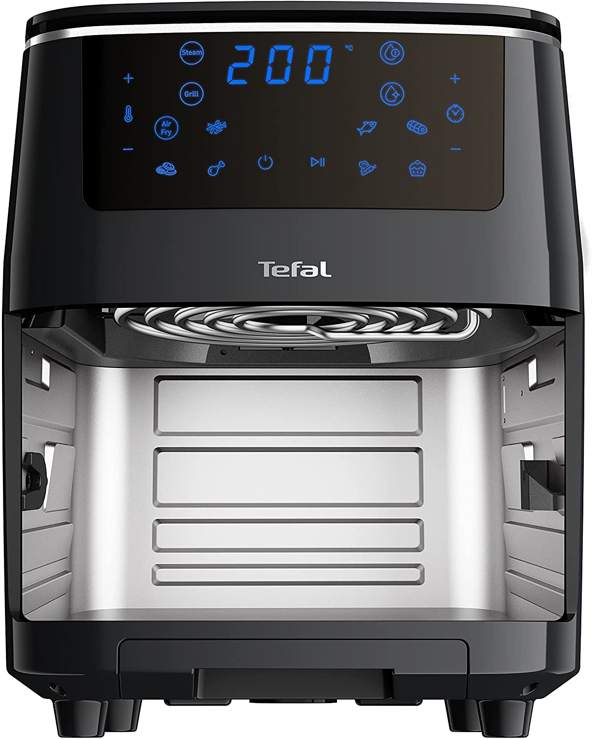 Fekete Tefal légkeveréses sütő, nyitva, a belsejét mutatja.