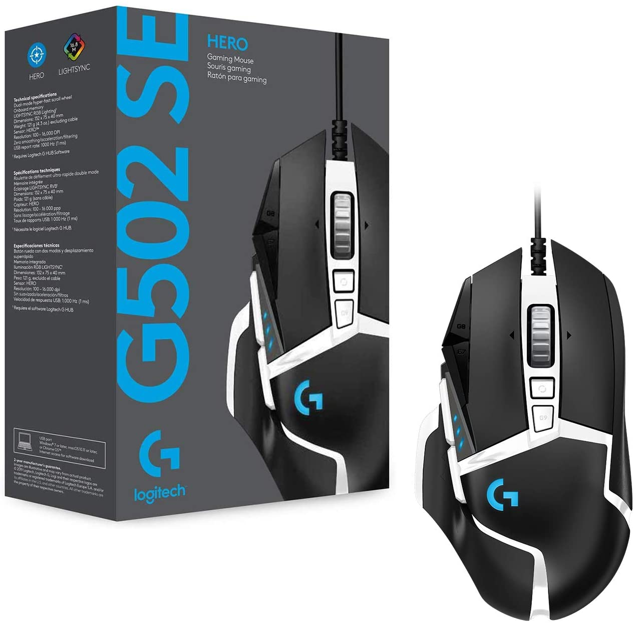 Schwarz-weiße Logitech G502 SE Gaming-Maus und -Box. Die Maus hat mehrere Tasten und ein Scrollrad.