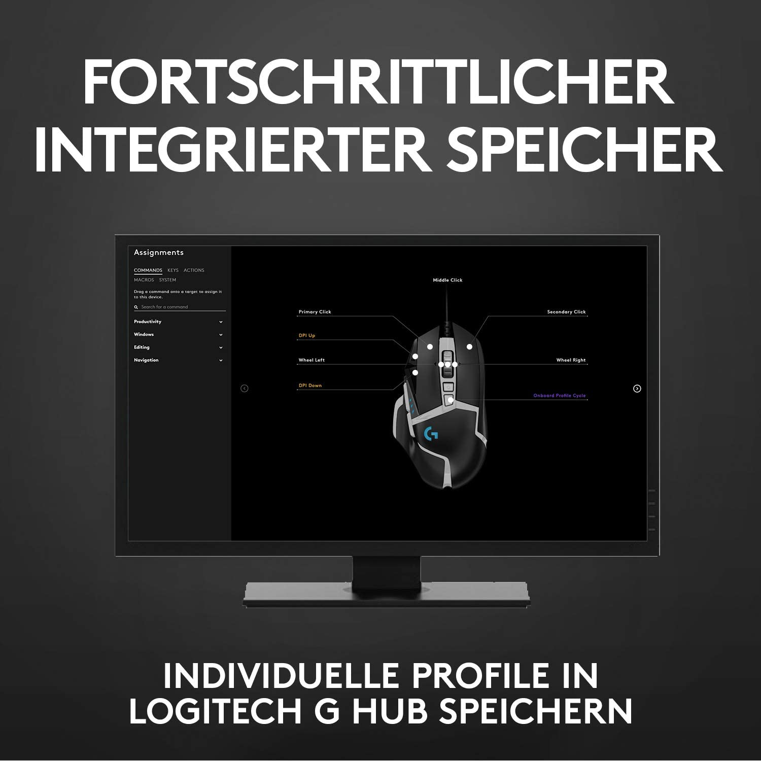 Computermaus mit Bildschirm, der eine Benutzeroberfläche zeigt, weißer Hintergrund.