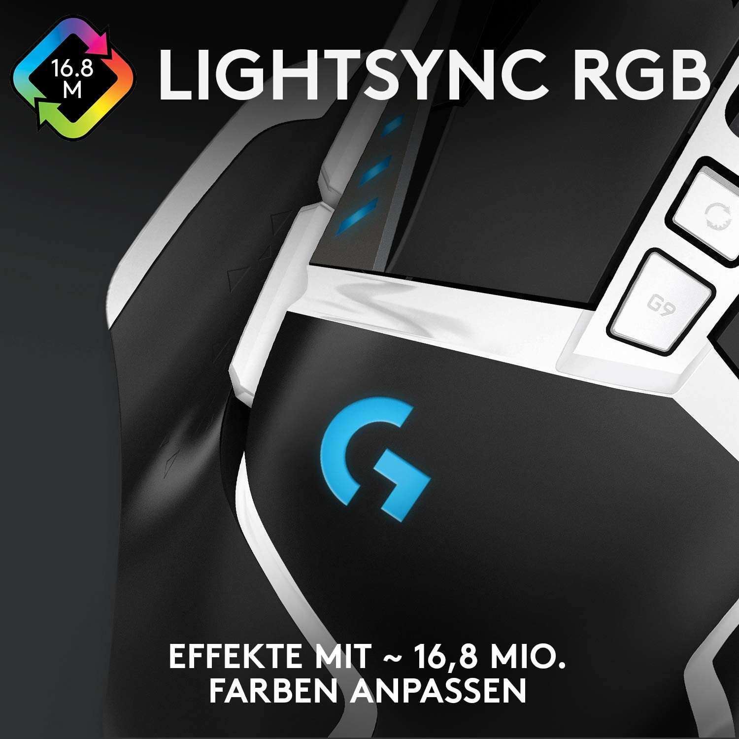 Nahaufnahme einer schwarz-weißen Gaming-Maus mit blauem Licht.