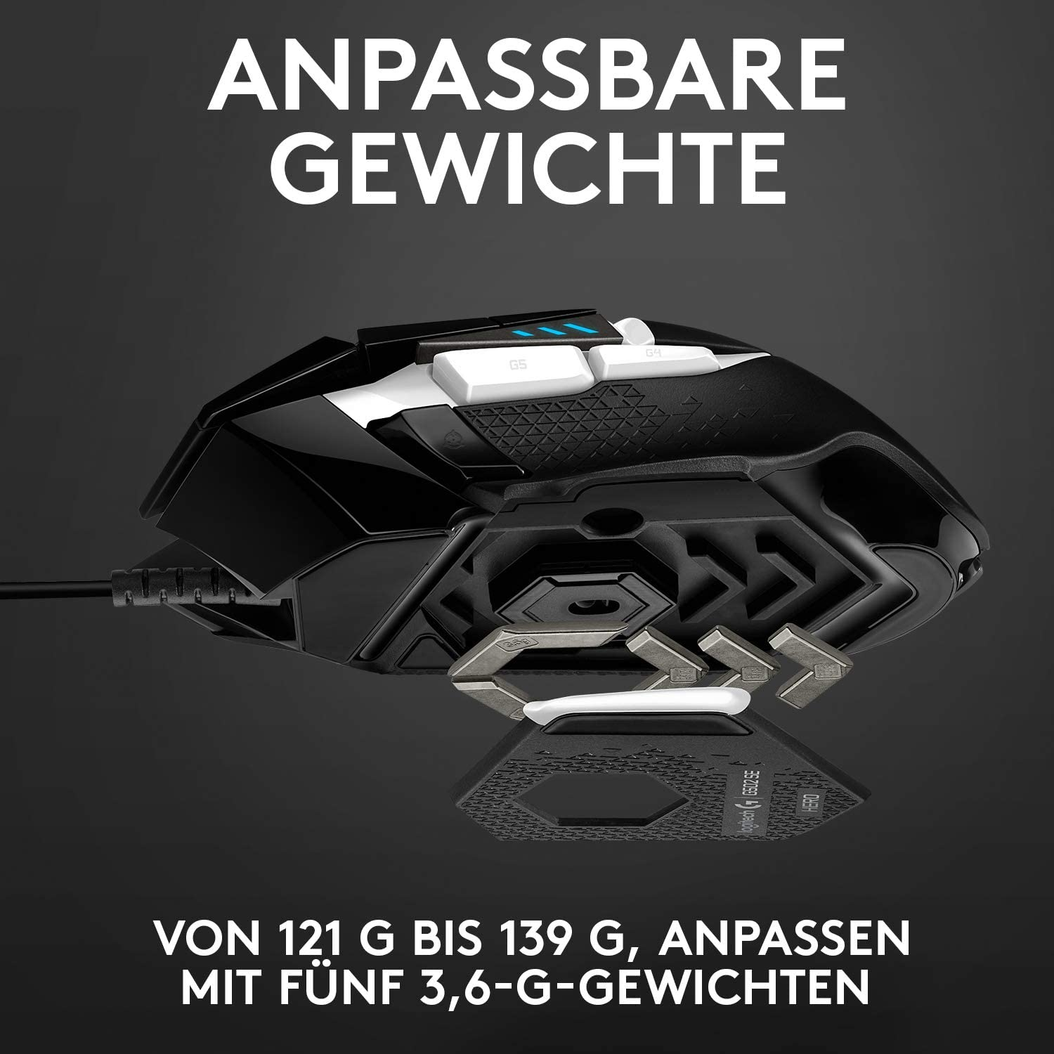 Eine schwarze Gaming-Maus mit anpassbaren Gewichten und Text: 121 g bis 139 g, anpassen mit fünf 3,6-g-Gewichten.
