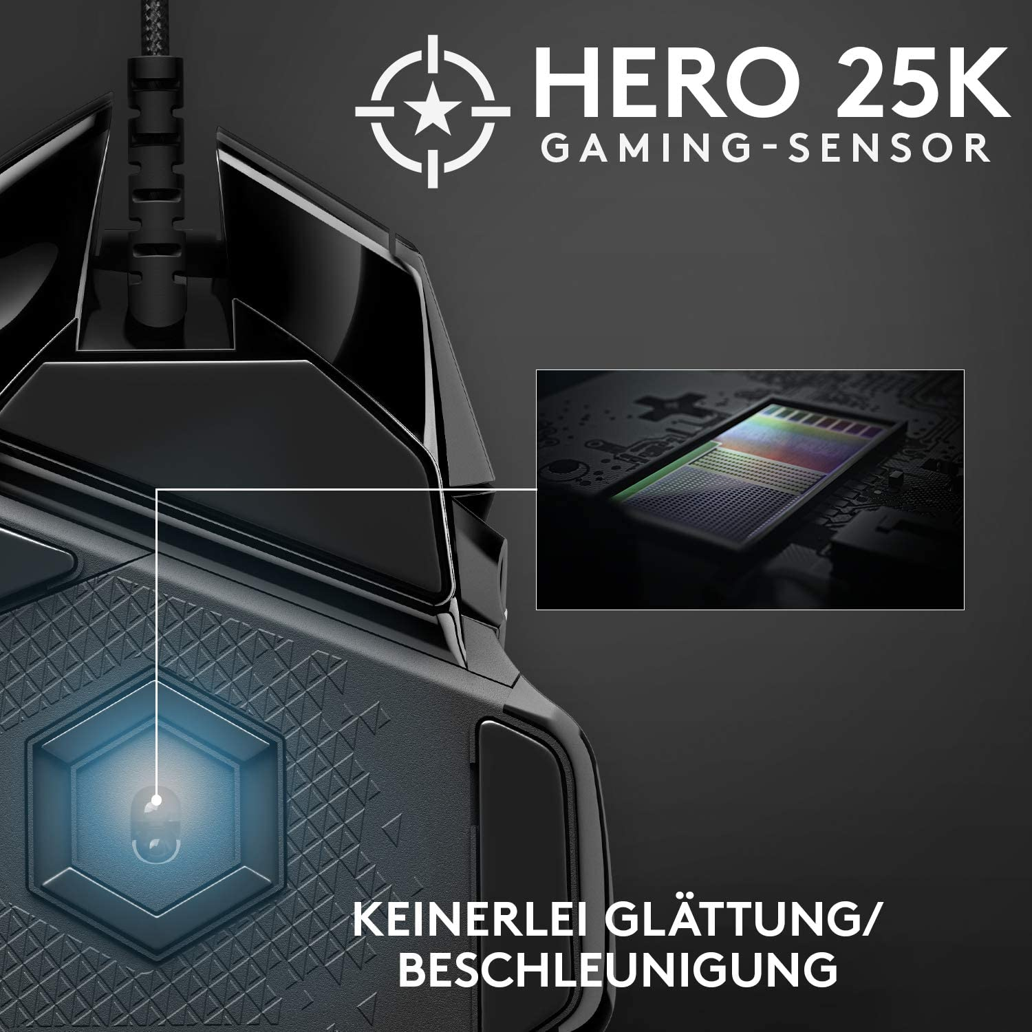 Gaming-Maus-Detail. Schwarze Maus mit blauem Licht. Hero 25K Sensor Text. Grauer Hintergrund.