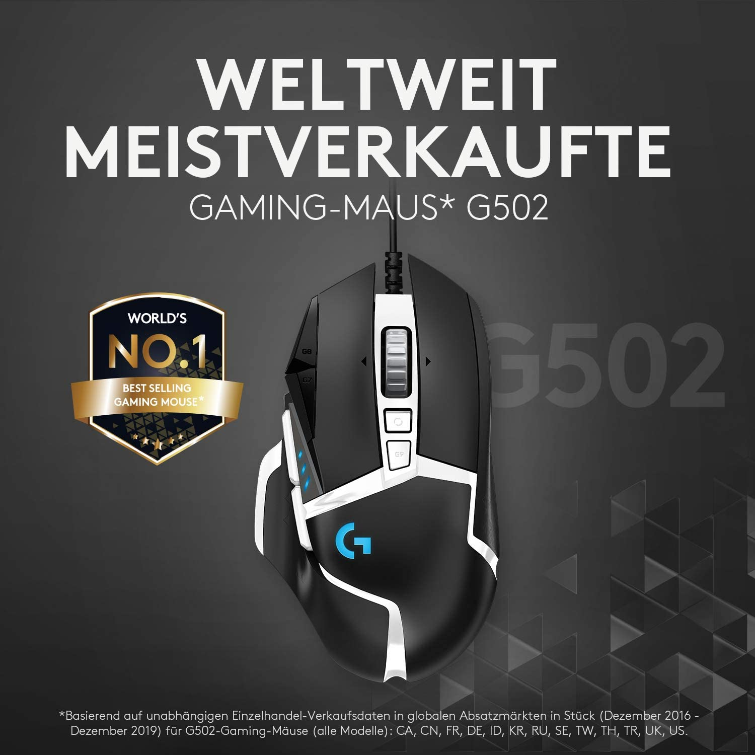Gaming-Maus, schwarz und weiß. Text: Weltweit meistverkaufte Gaming-Maus G502.