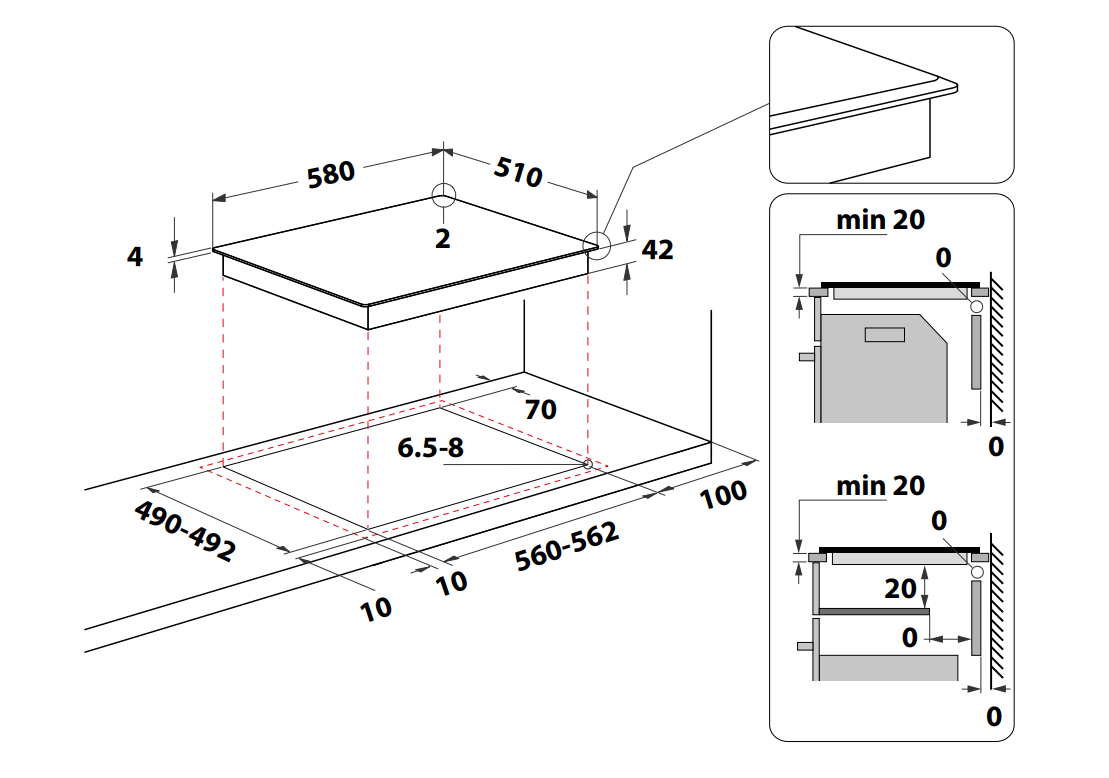 Főzőlap diagramja méretekkel. Felülnézetet és a telepítés részleteit tartalmazza.