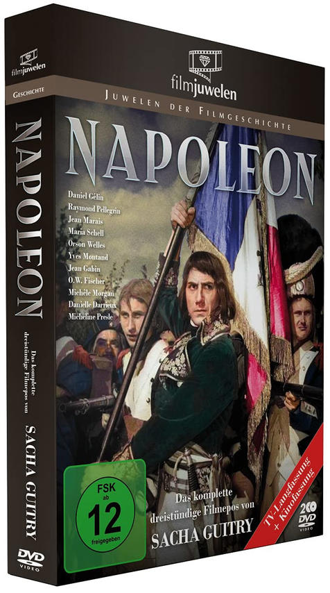 DVD-Hülle des Films Napoleon. Mann in Uniform hält Flagge.