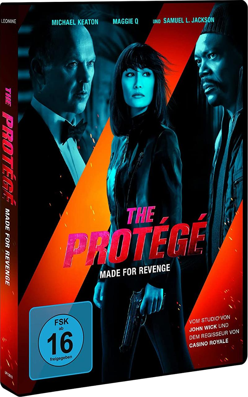 DVD-Cover des Films 'The Protégé' mit Michael Keaton und Maggie Q auf rotem Hintergrund.